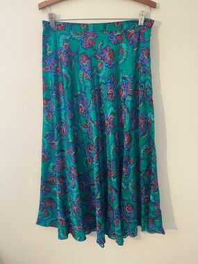 100% Silk Teal Floral A-Line Midi Skirt